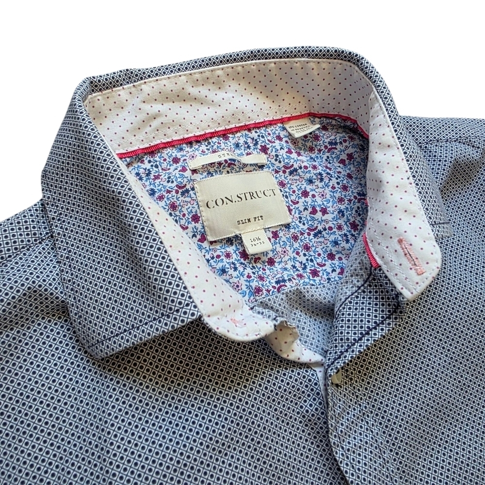 Construct Blue/White Geometric Pattern Button-up Flip Cuffs, Men Size 16.5 - Picture 3 of 7